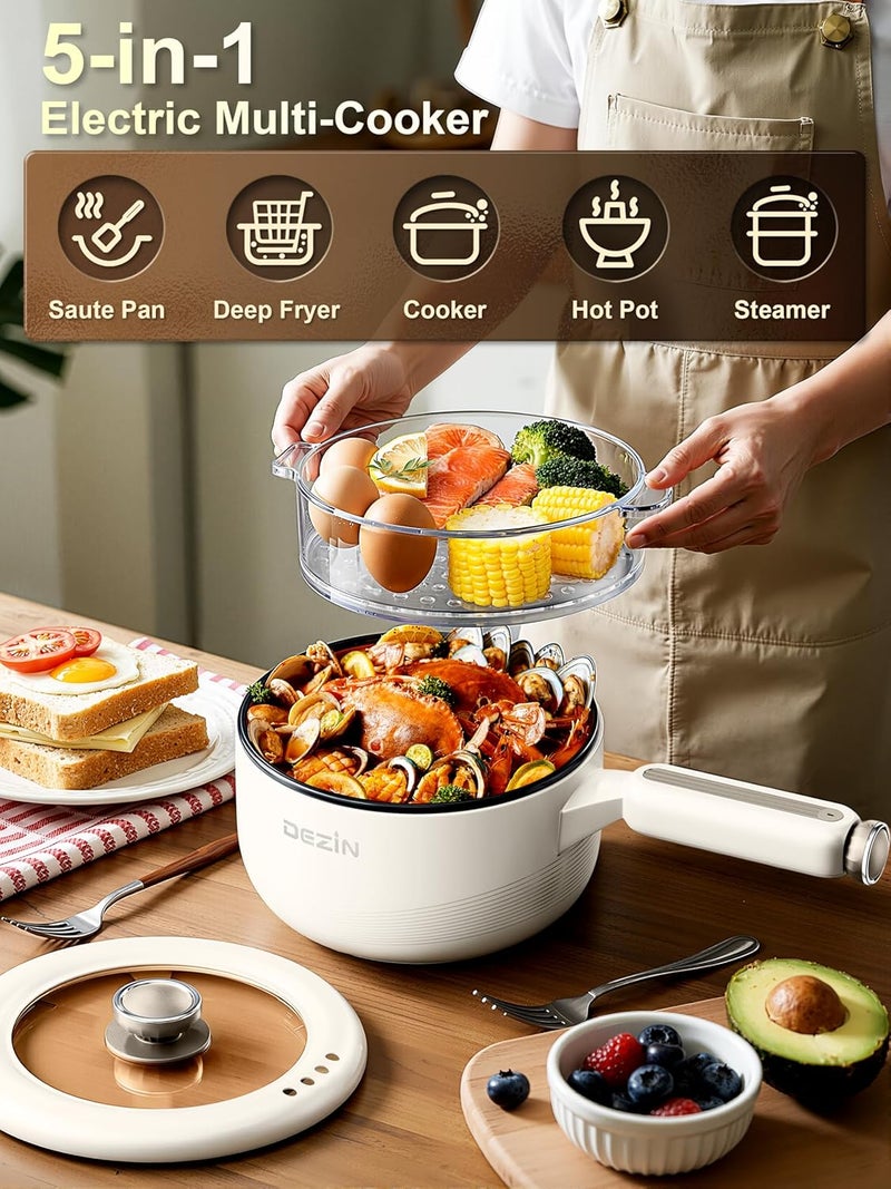 DEZIN Electric pot with Steamer, 2L Non-Stick Sauté Pan, 5-in-1 Multifunctional Hot Pot Electric for Steak, Fried Rice, Oatmeal, Soup, Dual Power Control, Portable Pot for Dorm, Office & Small Kitchen - Image 2